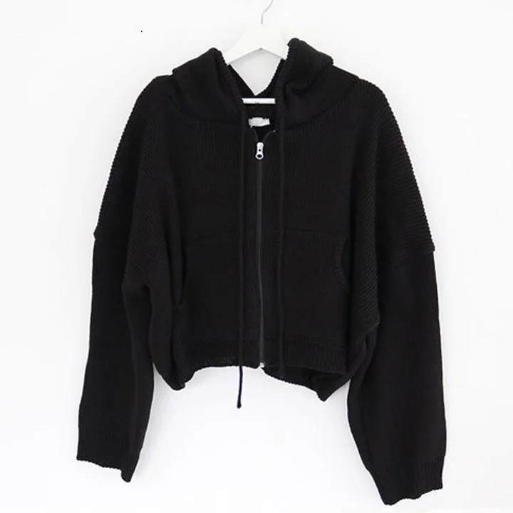Simple Solid Color Hooded Long Sleeve Pockets Zip-up Knitted Jacket   