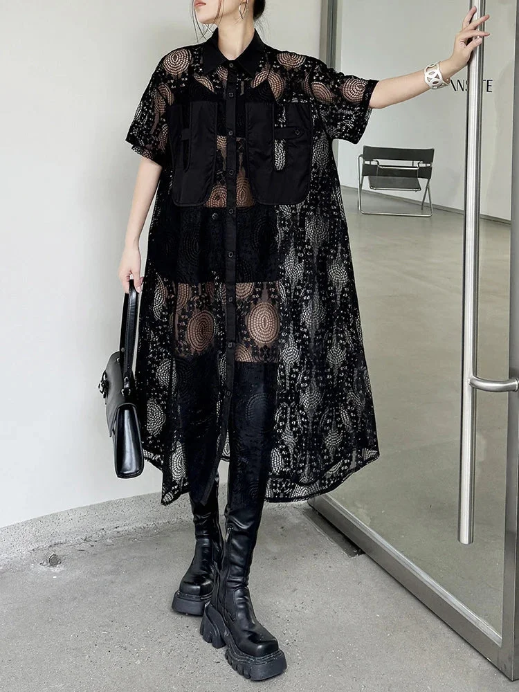 Cool Black Lapel Buttoned Short Sleeve Perspective Lace Dress