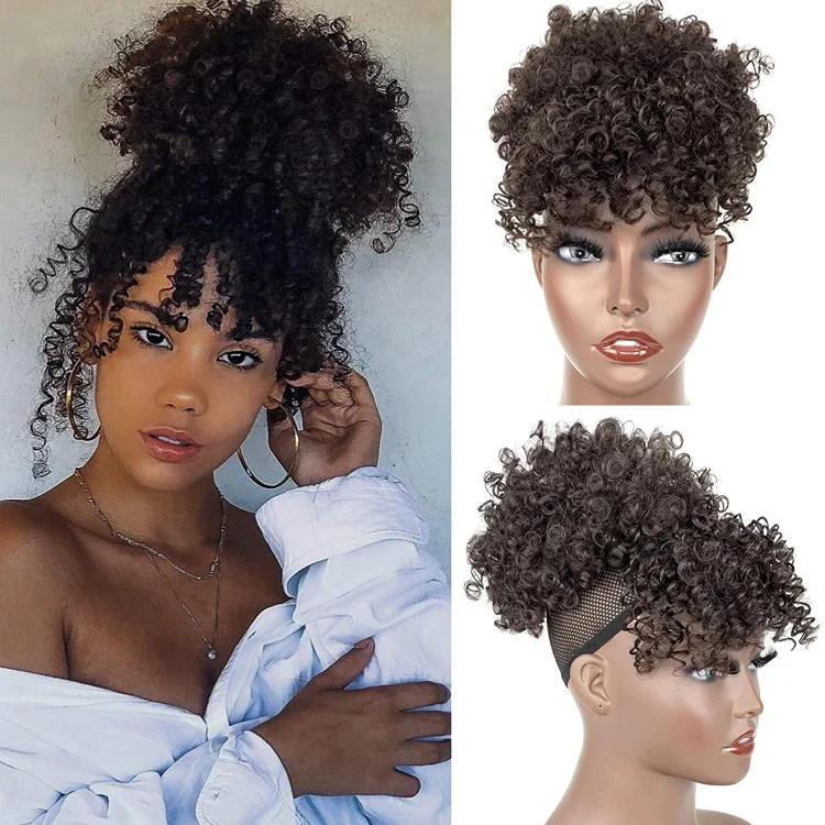 Gloden Blonde Afro Puff Drawstring Ponytail with Bangs Kinky Curly Hair Bun with Spring Curl Bangs Clip in Hairpieces