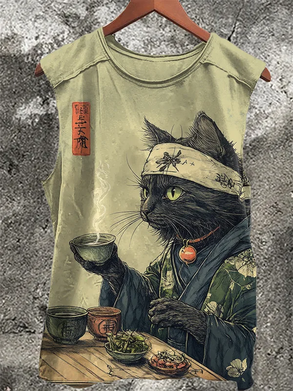Men's Cat Drinking Tea Japanese Tea Ceremony Art Print Tank Top