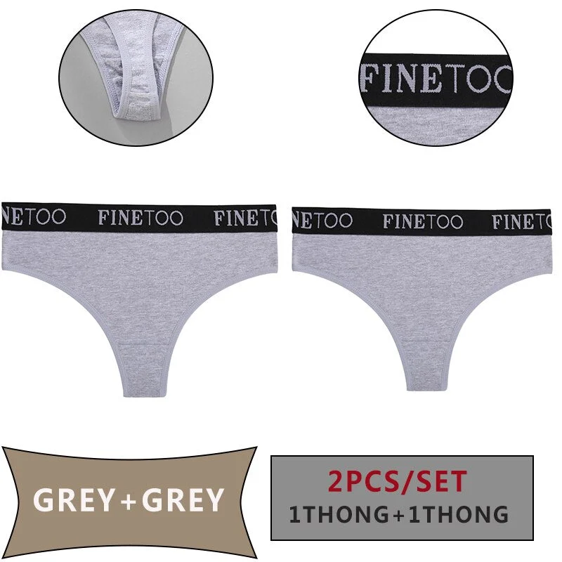 FINETOO 2PCS/Set Women Cotton Panties Sexy Letter Underwear Panty Thong Low Waisted 1Panty+1G-string Brief Tanga Lingerie Femme