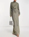Silk sequined beaded twist maxi dress