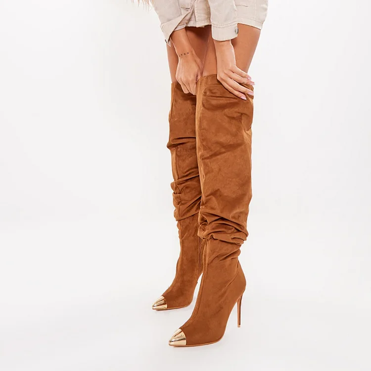 Brown Vegan Suede Stiletto Heels Shoes Metal Toe Zipper Thigh Boots |FSJ Shoes