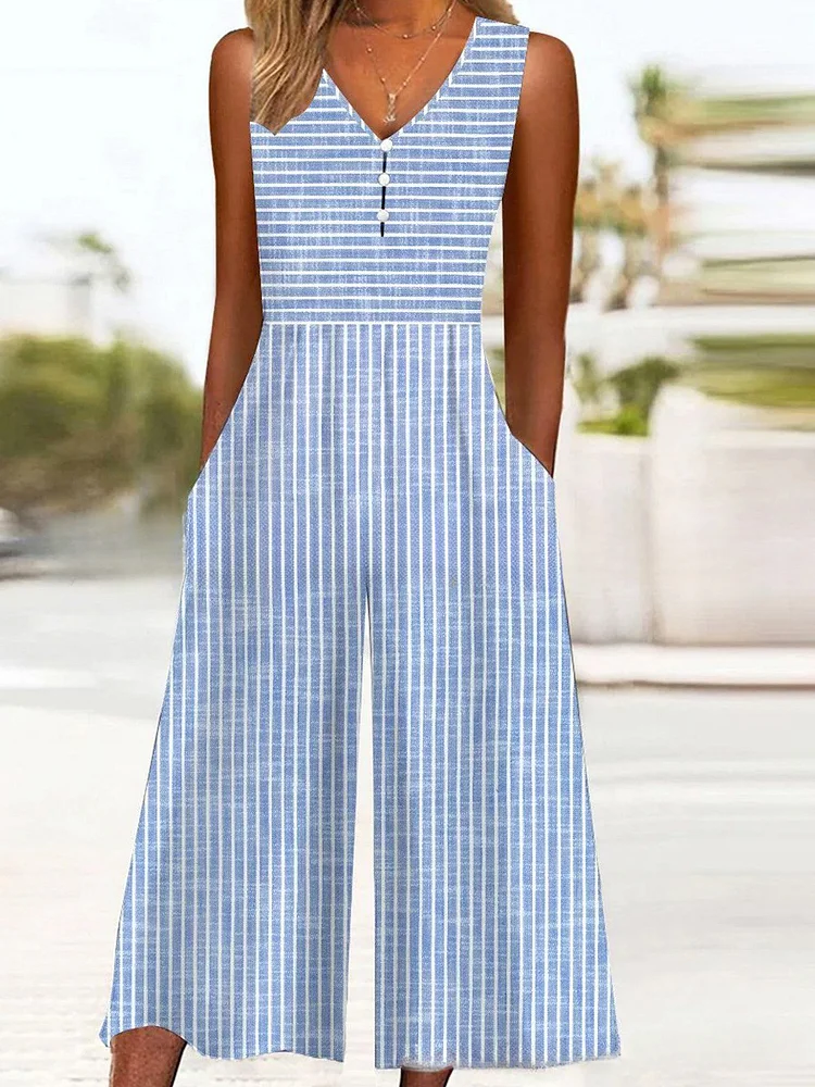 Women's Button V Neck Pocket Striped Print Fashion Jumpsuit socialshop