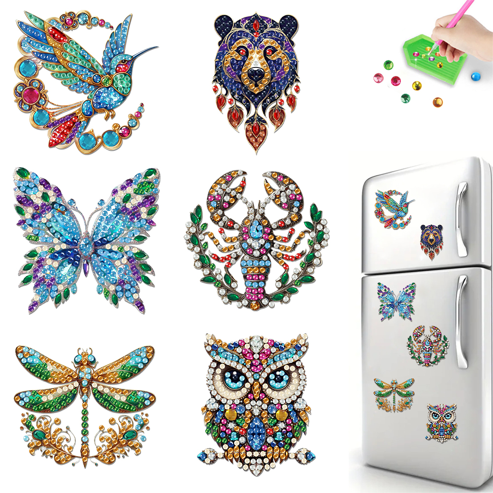 6Pcs Acrylic Animals DIY Diamond Painting Fridge Stickers for Fridge Whiteboards