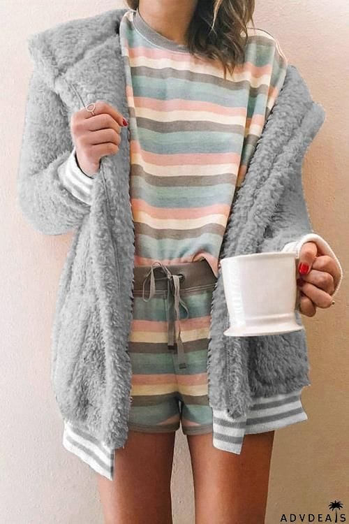 Pockets Stripe Fuzzy Coat