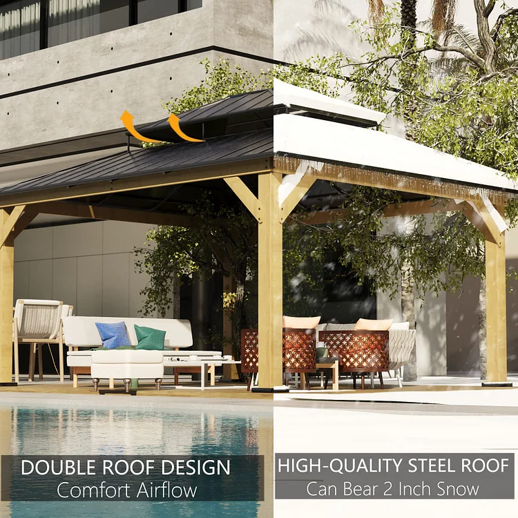 11 x 13 FT Outdoor Double Roof Hardtop Wood Gazebo | JOYSIDE