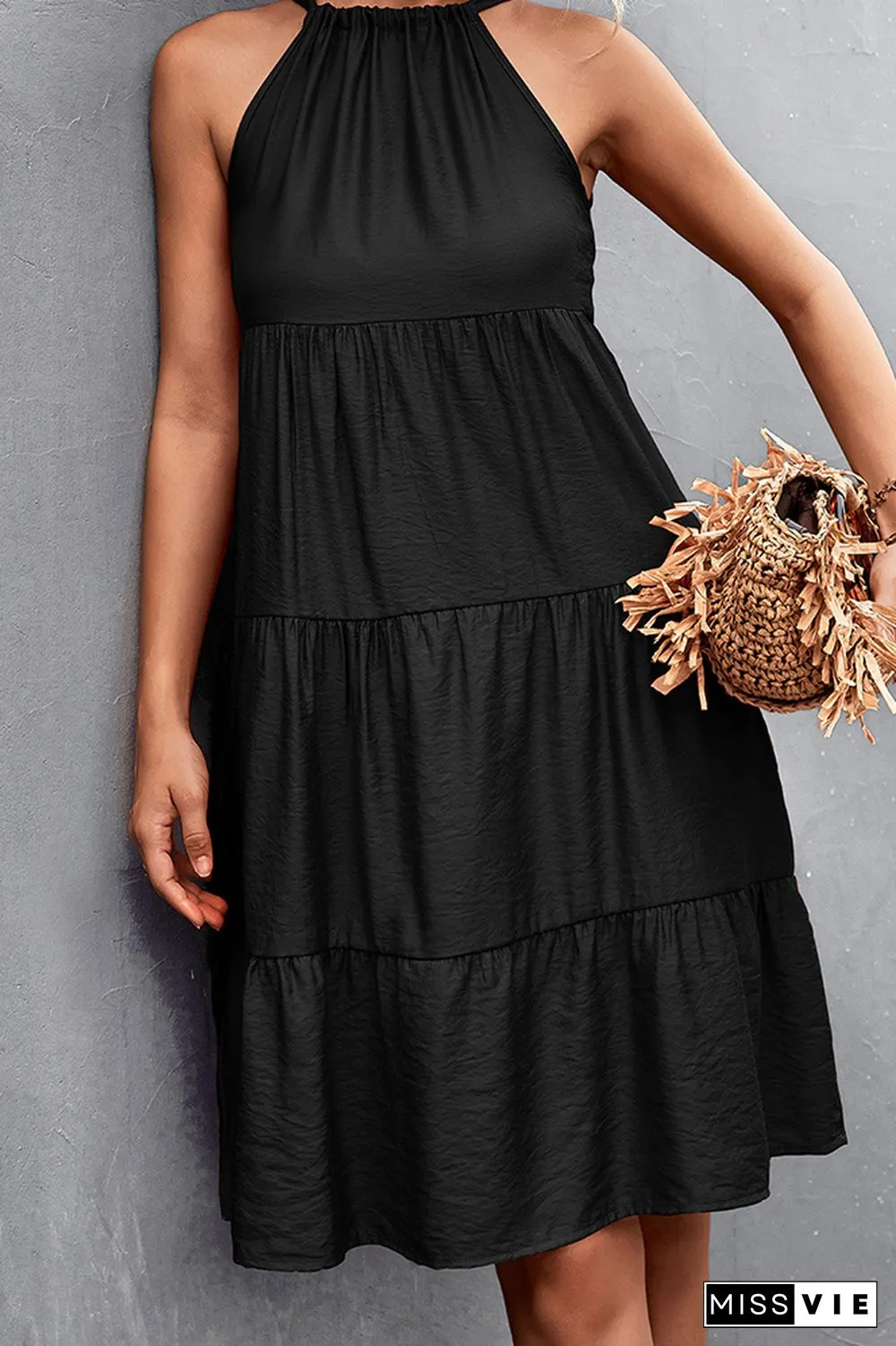Solid Color Halter Sleeveless Midi Dress Wholesale