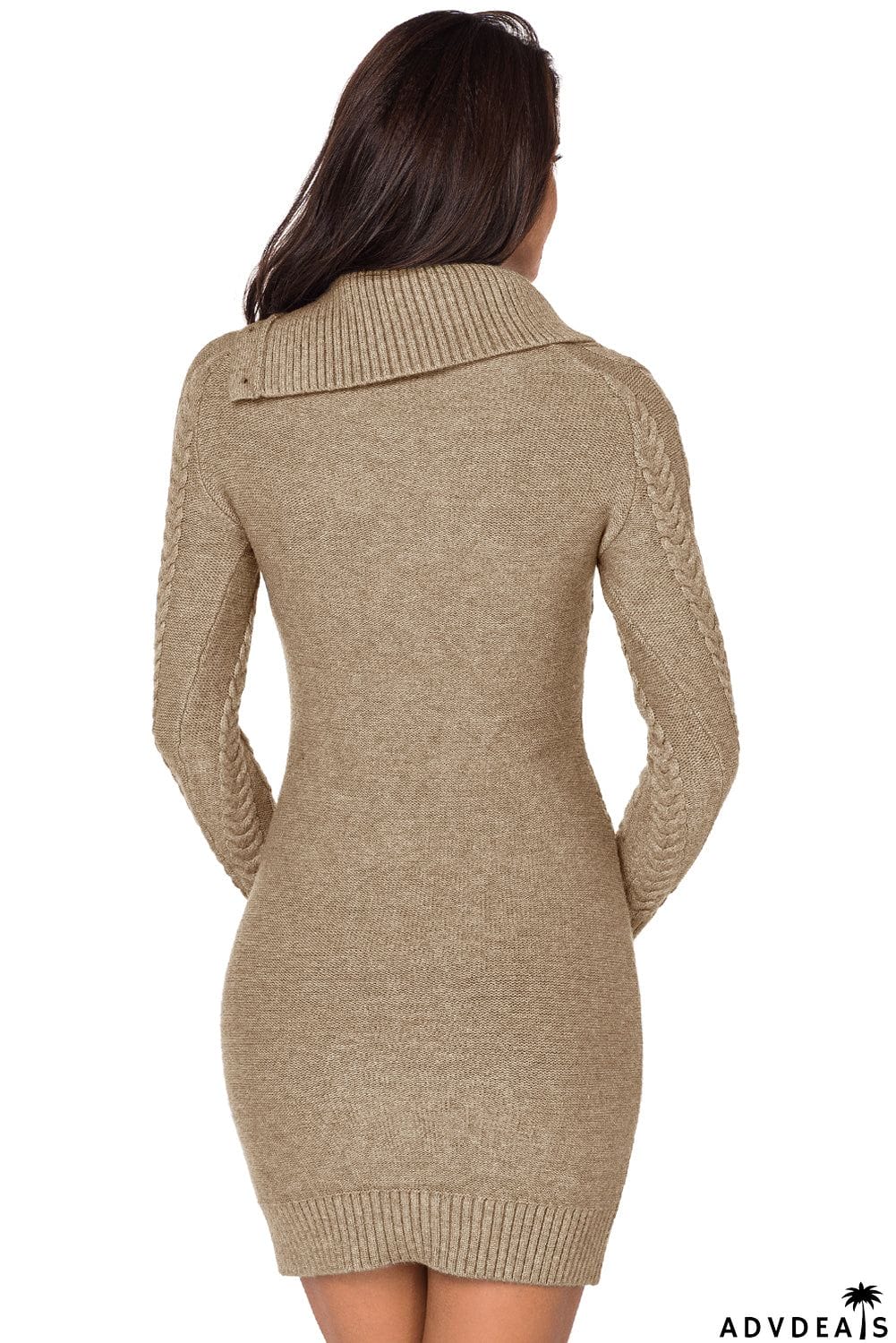 Asymmetric Buttoned Collar Brown Bodycon Sweater Dress