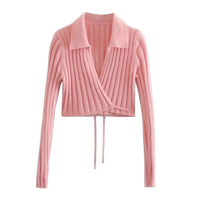 KPYTOMOA Women 2021 Fashion With Tied Wrap Cropped Knitted Cardigan Sweater Vintage Long Sleeve Female Outerwear Chic Tops