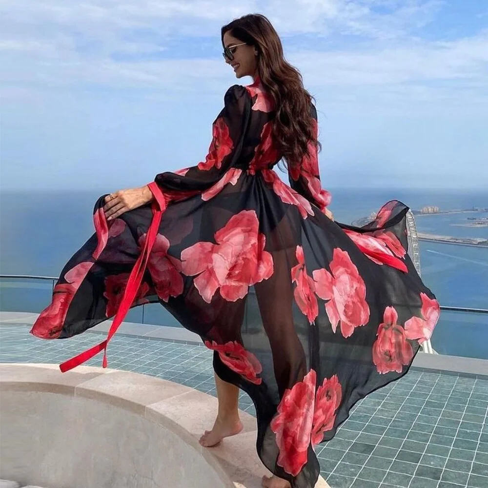 Leaves Print Bikini Beach Cover up Tunics for Beach Long Kaftan Bikini Cover up Robe de Plage Sarong Beach Swimsuit cover-ups