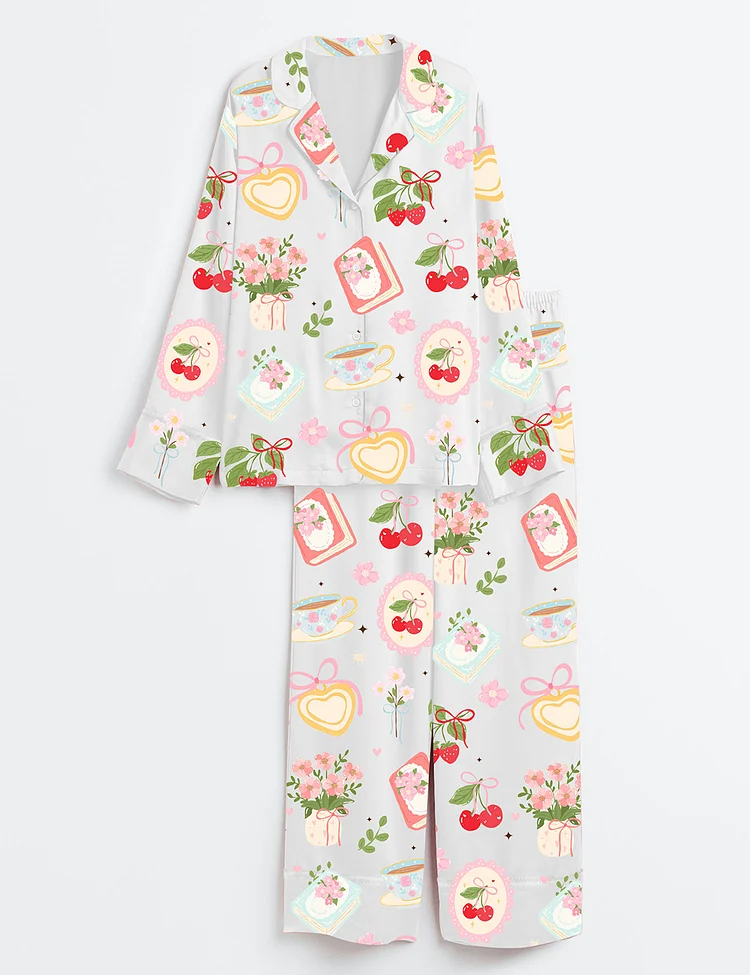 Women&rsquo;s Cottagecore Tea And Berry Floral Books Cherries And Spring Elements Botanical Floral Farm Book And Coffee Flower Long Sleeve Satin Pajama Set