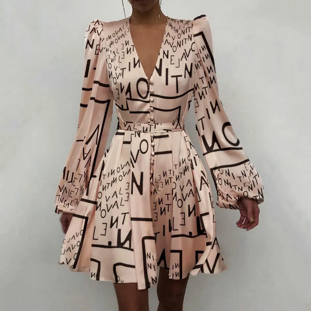Spring Fashion  2021Elegant Women Satin Solid Long Sleeve Dress Button A-Line Mini Dress Casual Loose V-Neck Party Dress Vestido