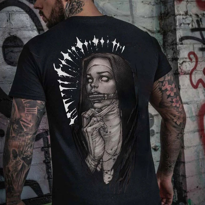 Horrific Nun with Sex Item Black Print T-shirt