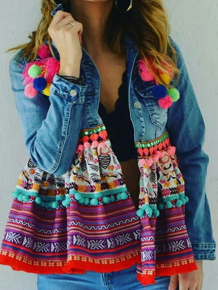 Daily Denim Patchwork Graphic Pattern Long Sleeve Jacket