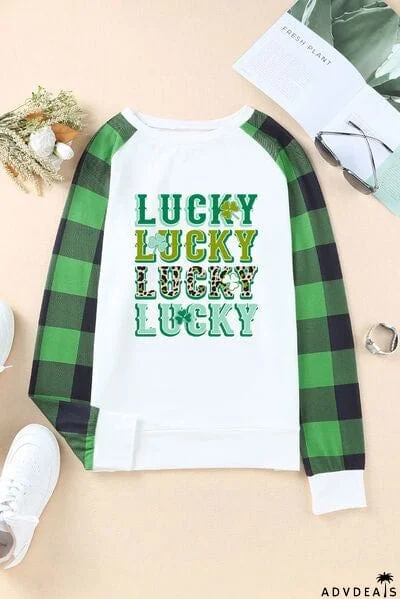 LUCKY Plaid Round Neck Raglan Sleeve T-Shirt