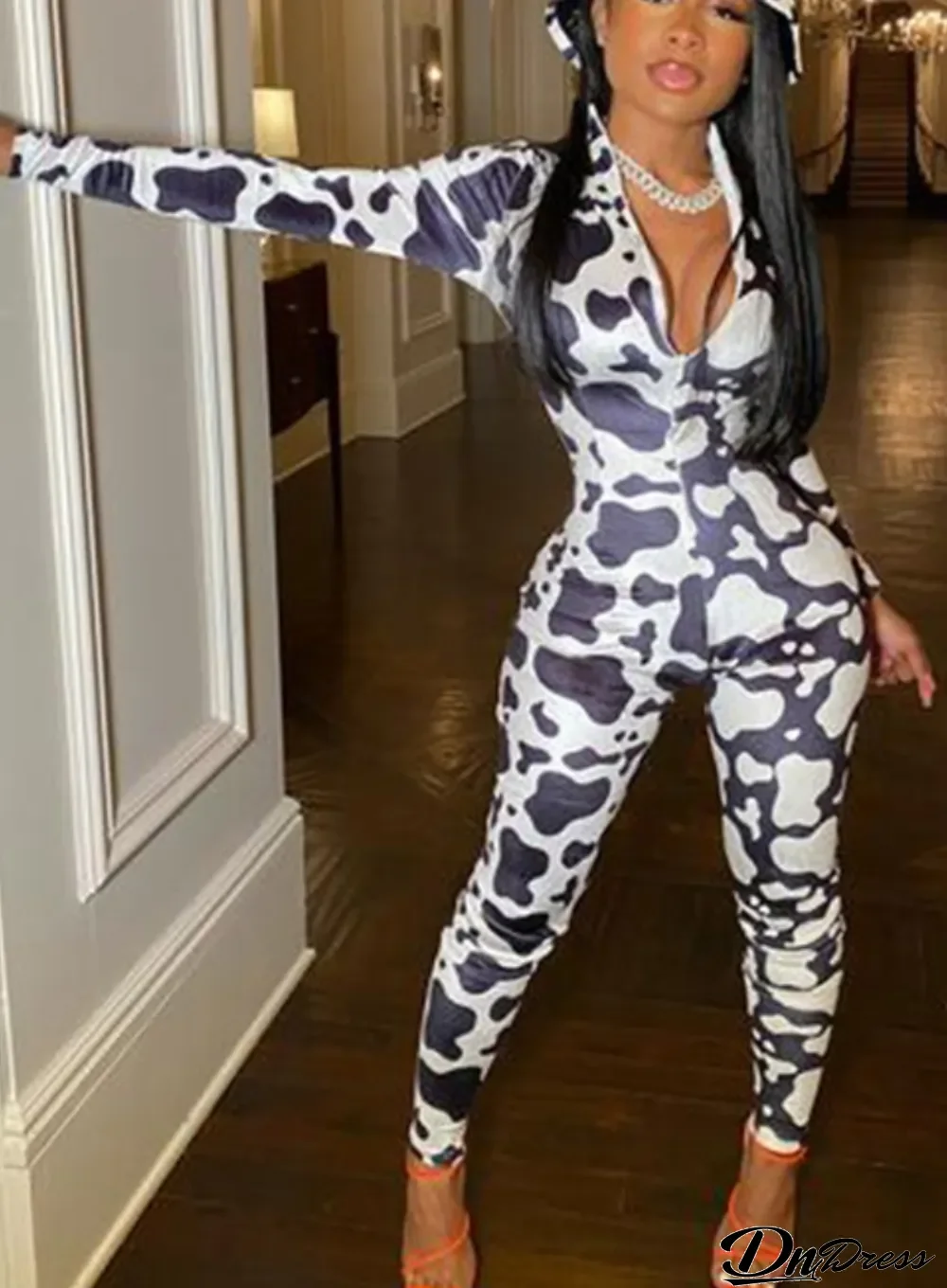 Winter Cow Print Long Sleeves Zipper Party Jumpsuit