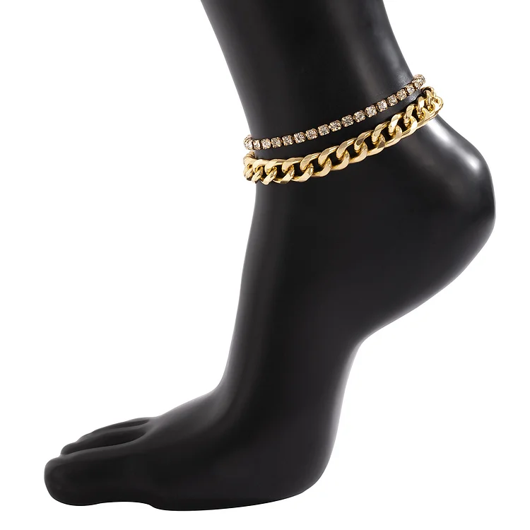 Hip Hop Trendy Metal Punk Geometric Double Layer Thick Chain Set Bracelet Anklet
