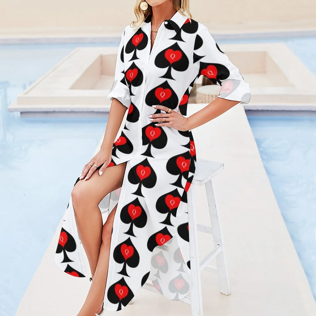 Black Queen Of Spades Red Heart Thunder Cove Long Maxi T-Shirt Dresses Women Loose Boyfriend Button Down Boho Split Dress