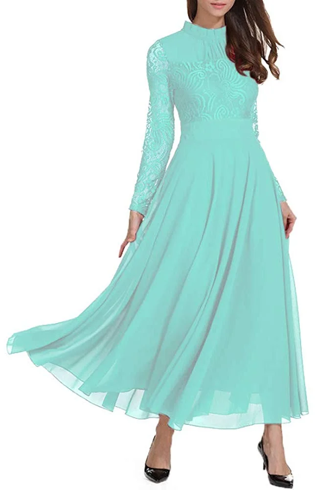 Women's Formal Floral Lace Chiffon Long Sleeve Ruched Neck Long Dress Evening Cocktail Party Maxi Dress