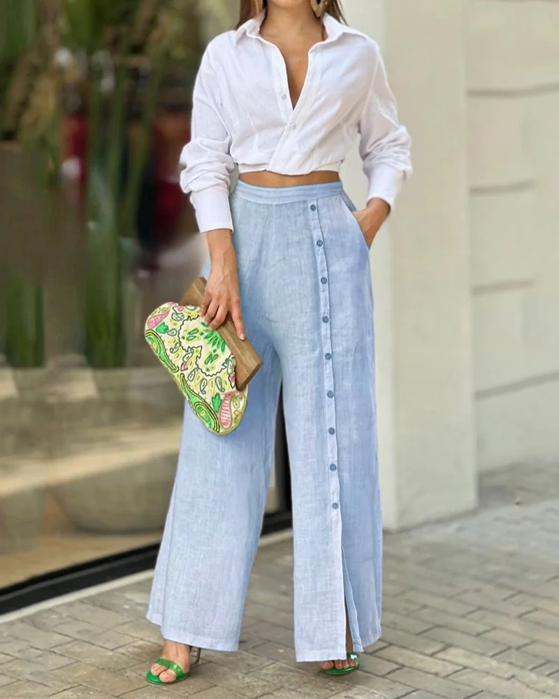 Casual Solid Color Lapel Shirt Loose Pants Two-piece Set.