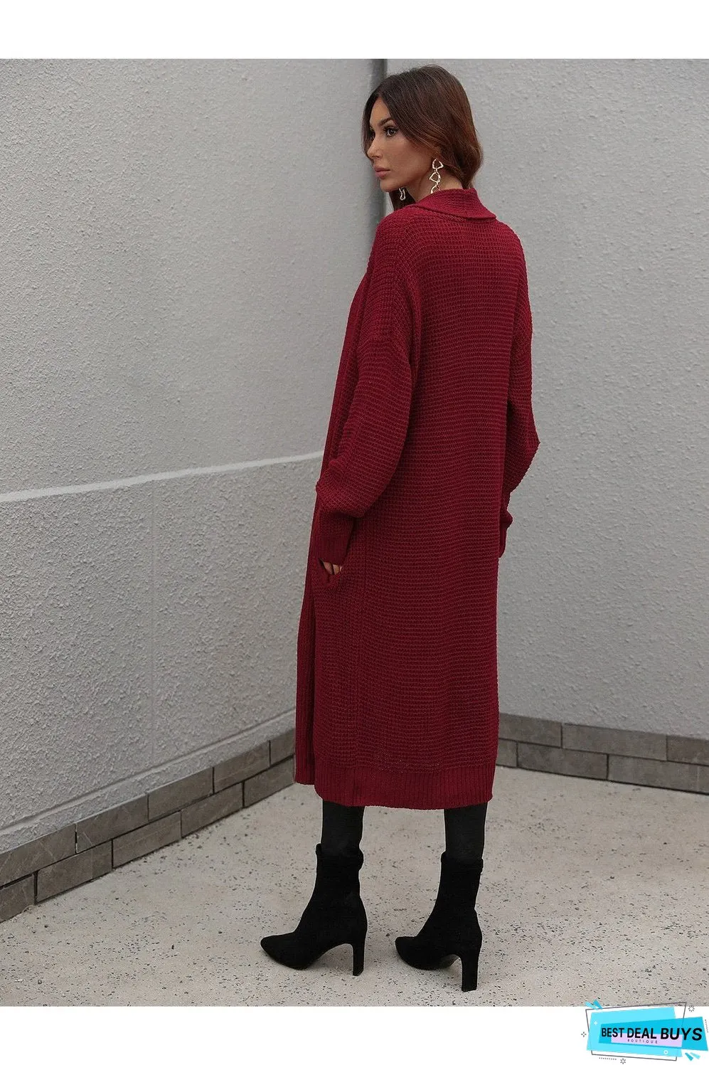 Waffle Knit Open Front Duster Cardigan With Pockets