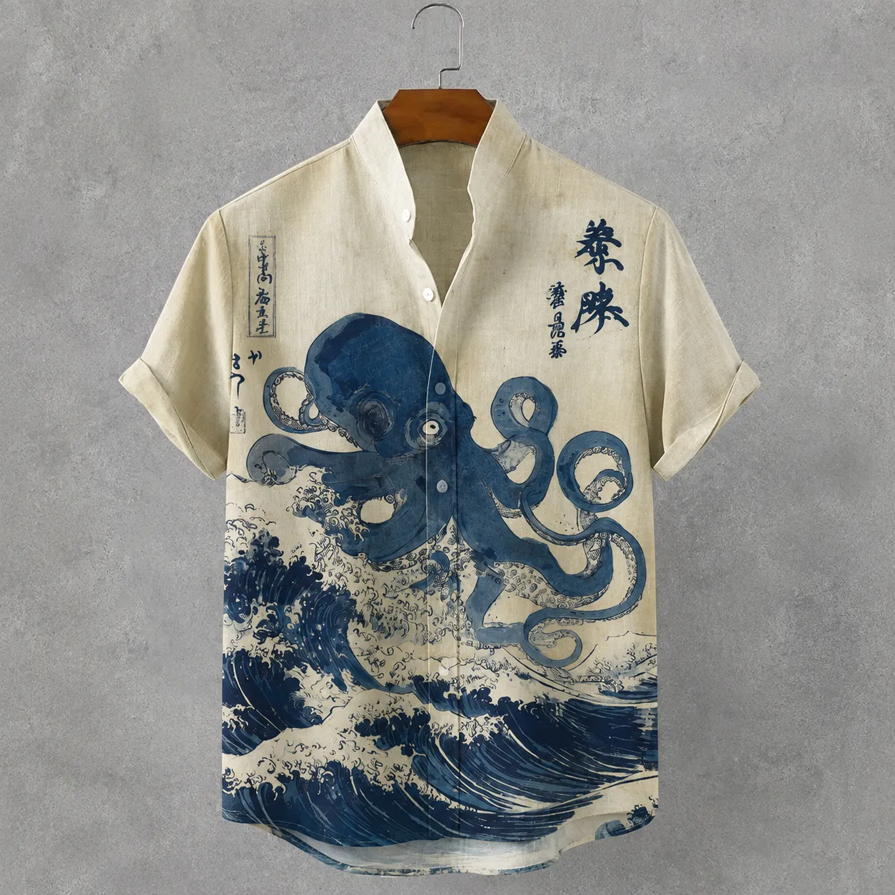 Men's Vintage Japanese Octopus Ocean Art Print Button Casual Cotton Linen Shirt  artssus