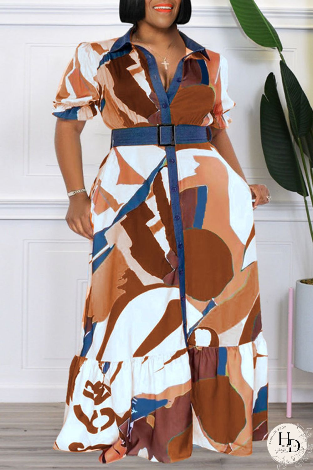 Tangerine Casual Print Patchwork Buckle Turndown Collar Straight Plus Size Dresses