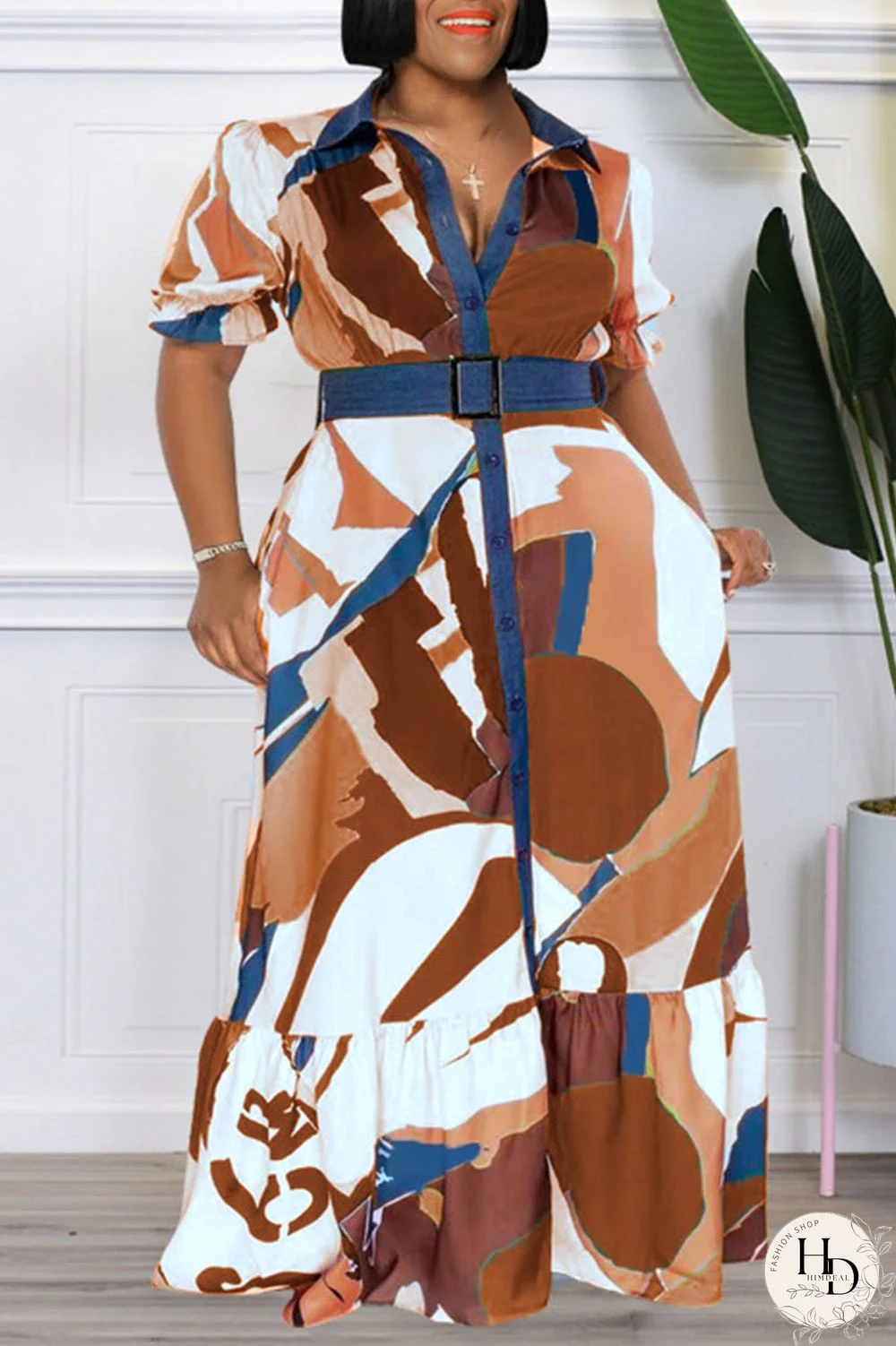 Tangerine Casual Print Patchwork Buckle Turndown Collar Straight Plus Size Dresses