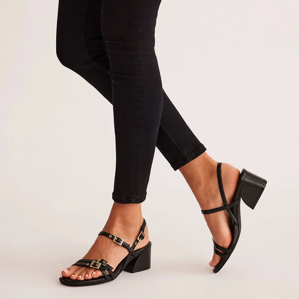 Stylish Black Square Toe Grommet Buckle Strappy Women's Sandals