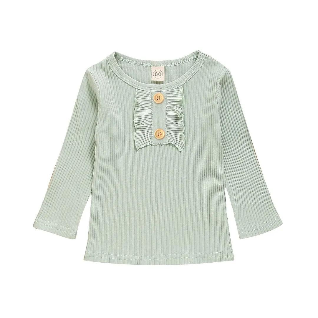 1-6Years Baby Girls Ribbed Shirt Top Long Sleeve T-shirt Solid Color Ruffle Decoration Button Classic Spring Autumn Clothing