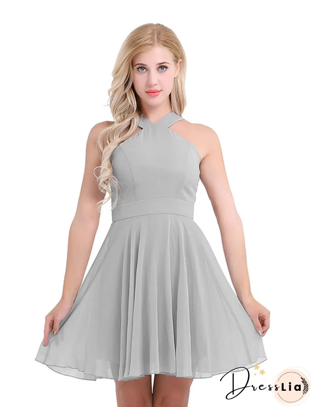 Women Ladies Chiffon Criss-cross Shoulder Straps Bridesmaid Short Dress Evening Prom Gown