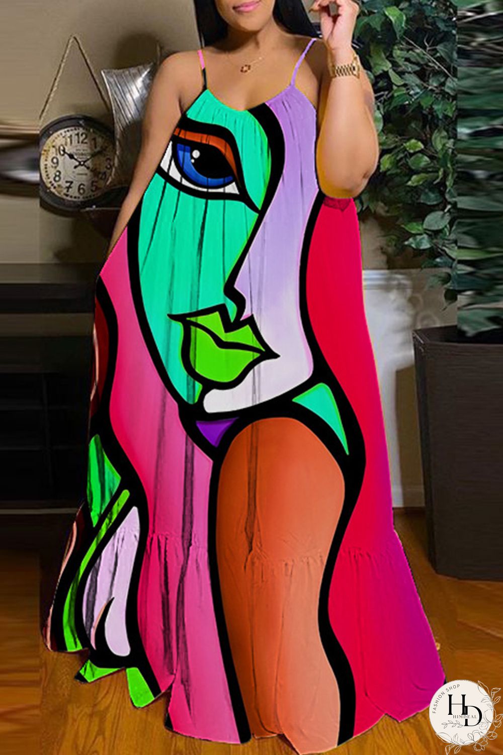 Apricot Sexy Casual Print Backless Spaghetti Strap Long Dress Dresses