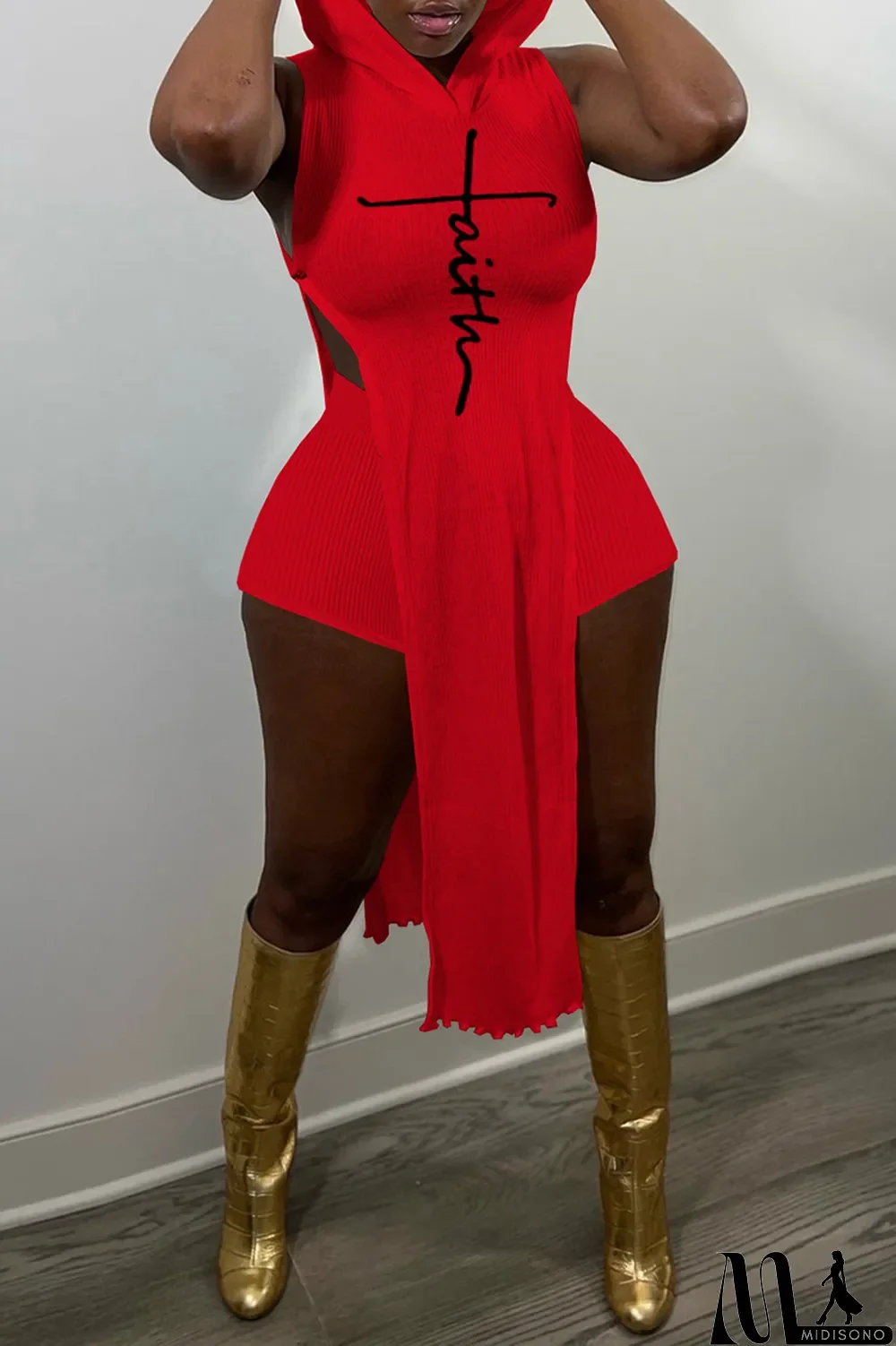 MidiSono - Red Fashion Print Slit Hooded Collar Sleeveless Two Pieces