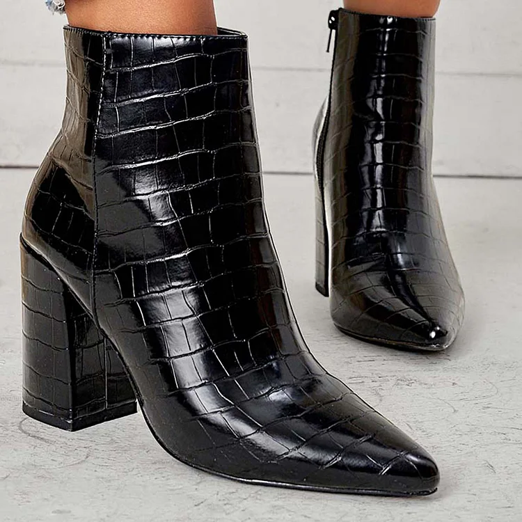 HUXM Pointed Toe Ankle Boots Side Zipper Chunky Heel Booties