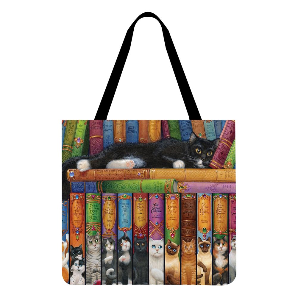 Linen Tote Bag-Books and cats