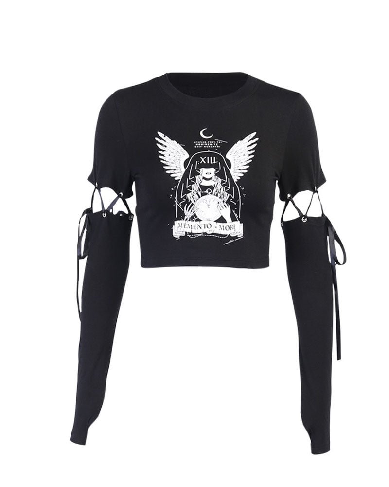 Dark Wind Slim and Open Navel Print Top