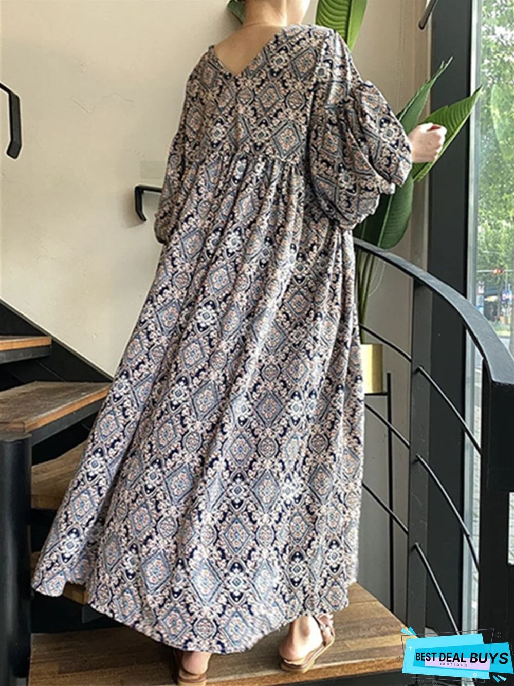 Printed V-Neck Loose Swing Lantern Sleeve Dress