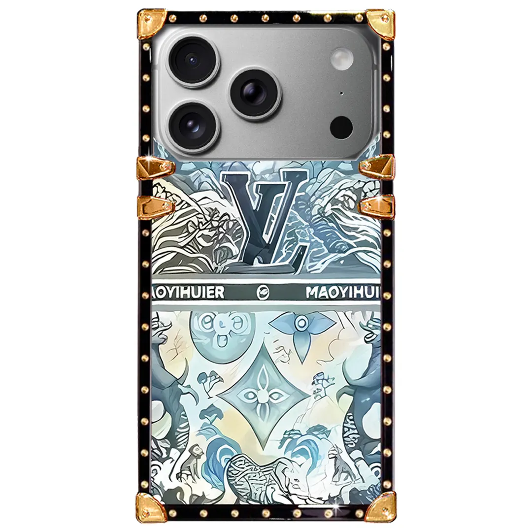 LV Artistic Blue Monogram Trunk Case with Metal Corners for iPhone & Samsung Galaxy