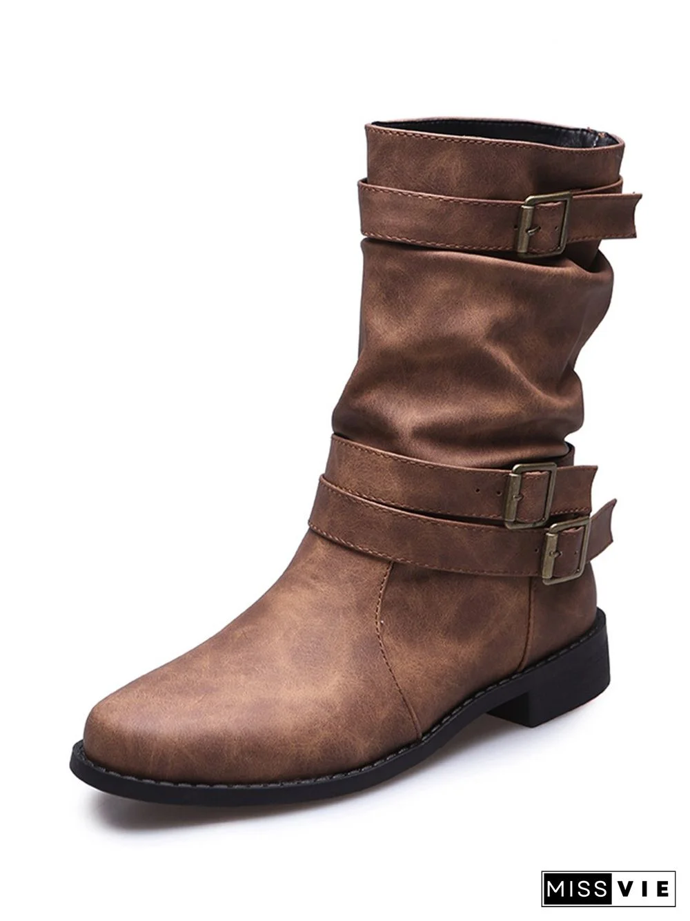 Ruched Buckle Casual Leather Booties