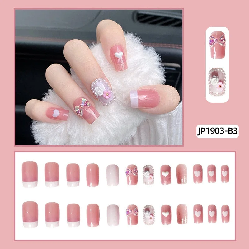24pcs Pearl Wear Long Paragraph Fashion Manicure Patch False Nails Save Time Wearable Jelly Nail Patch TY-Nail Inspo