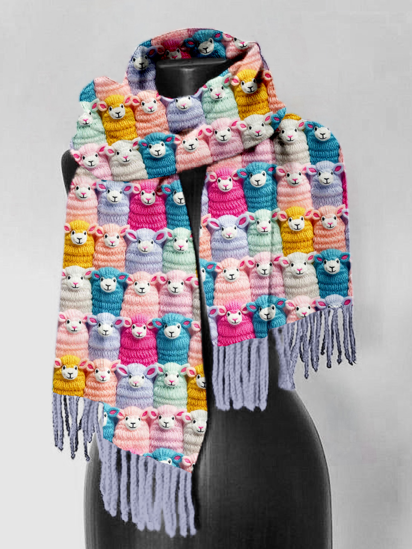 Comstylish Cute Farm Pastel Sheep Embroidery Art Comfy Tassel Scarf