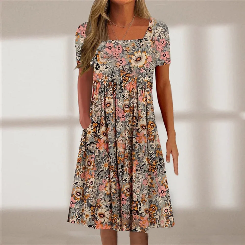 Youthful Print Square Neck Midi Dress