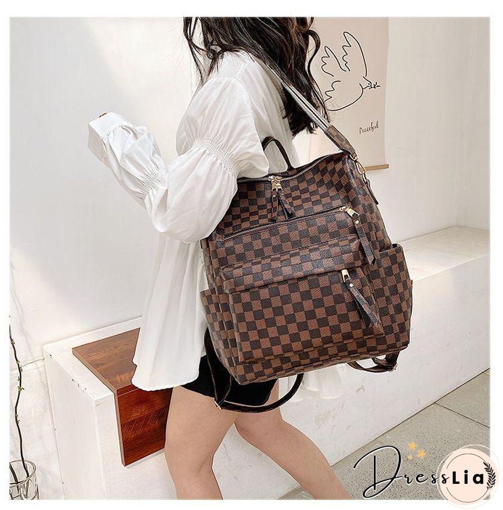 Retro Faux Leather Check Pattern Print Rucksack Vegan Backpack Tote