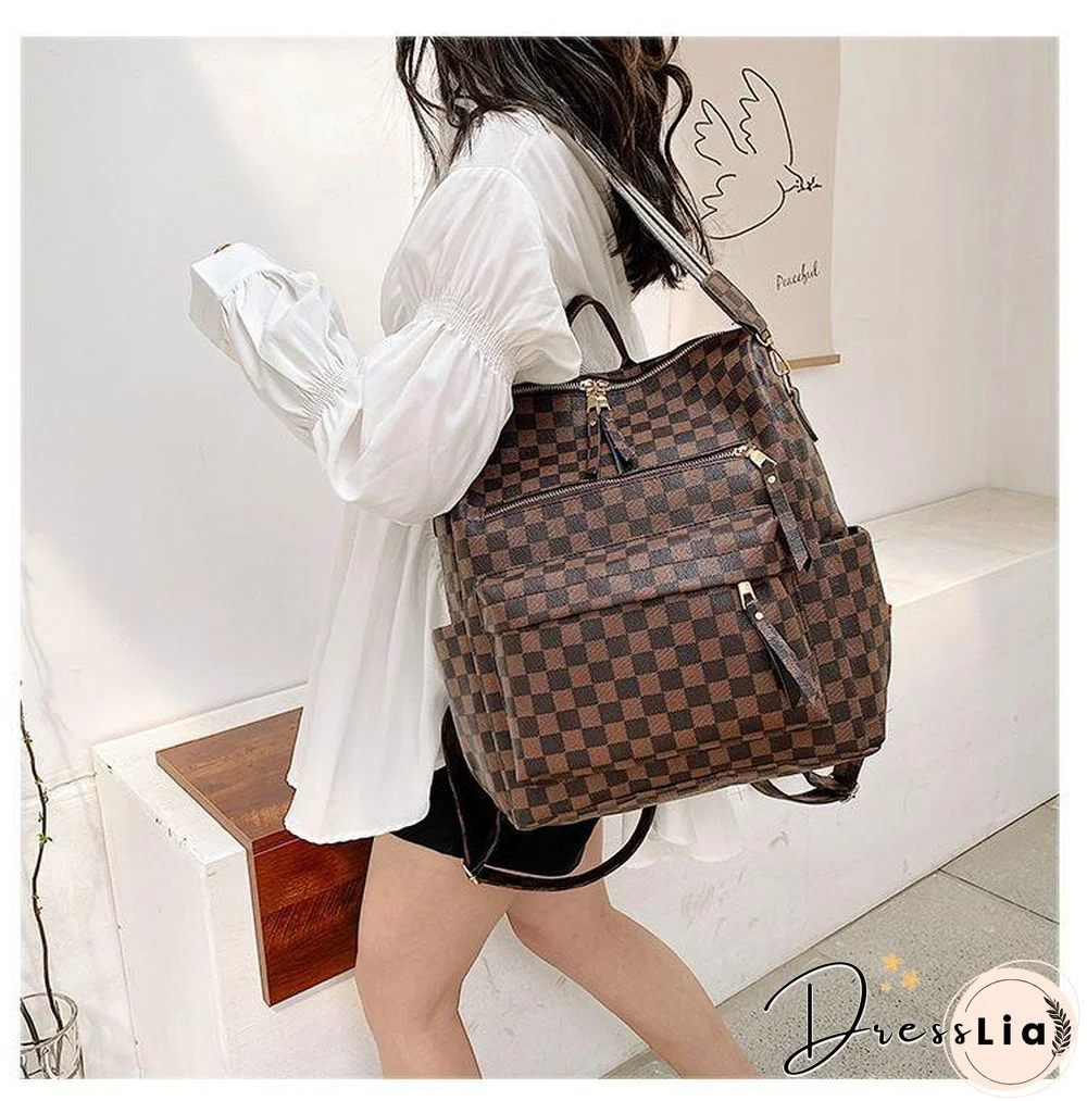 Retro Faux Leather Check Pattern Print Rucksack Vegan Backpack Tote
