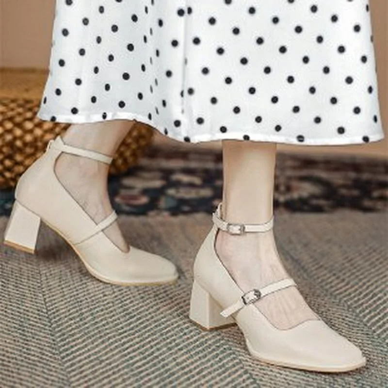 Qengg Jane Shoes 2022 Spring and Autumn New Thick Heel Retro Square Toe Fashion Temperament Medium Heel Simple Women's Shoes