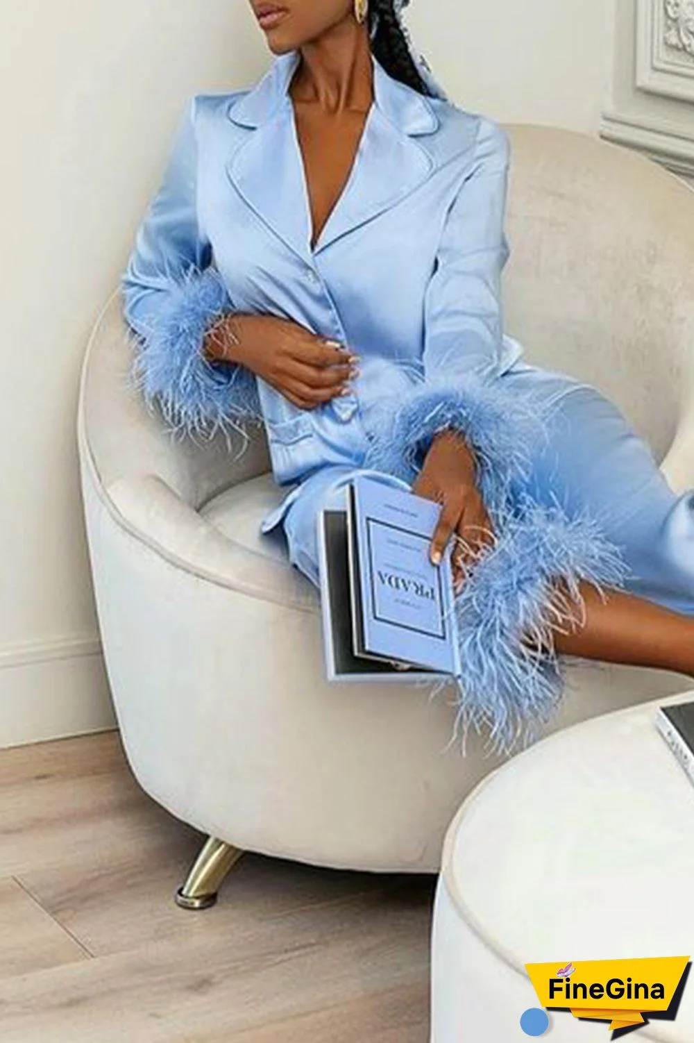 Sky Blue Casual Solid Patchwork Buckle Feathers Long Sleeve Two Pieces