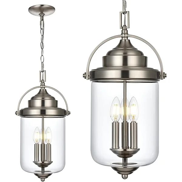 3-Light Outdoor Pendant Light Fixture in Black, 1-Pack Exterior Hanging Lantern with Clear Glass and Adjustable Chain, Suit for Patio Porch Front Door Garage Entryway, E12 Base Black 3 Lights
