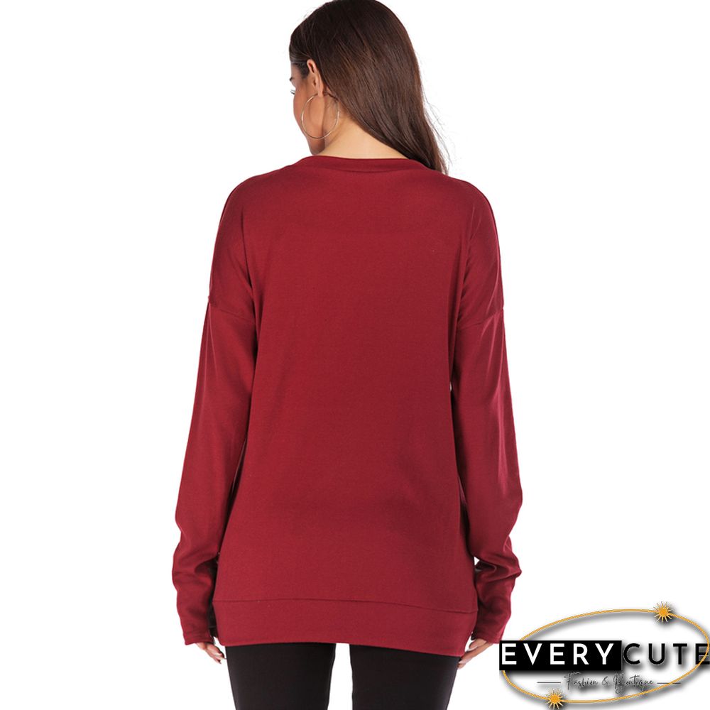 Wine Red Long Sleeve Pullover Sweatshirt