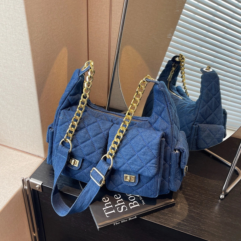 Women’s Denim Solid Color Lingge Classic Style Sewing Thread Dumpling Shape Zipper Crossbody Bag